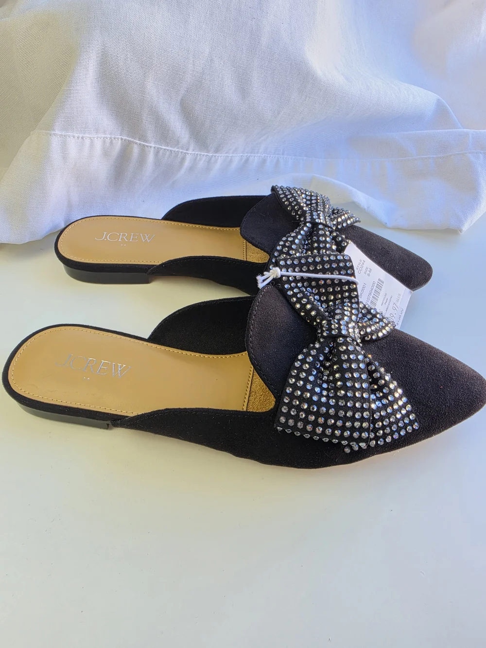 NWT J.Crew Black Embellished Bow Pointed-Toe Mules Dressy Casual Sze 6